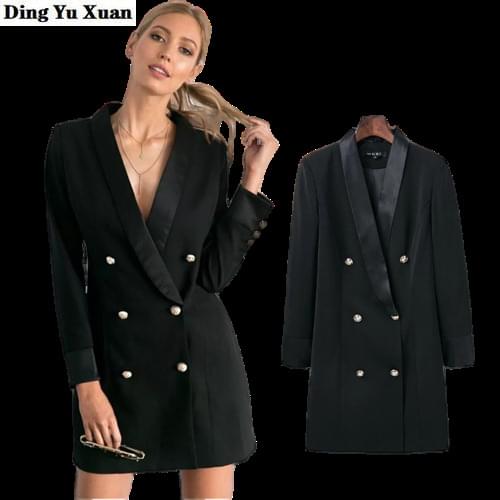 Office Ladies Double Breasted Long Blazer Women Formal Work Wear Black Suit Jacket Womens High Street Buttons Outwear Business