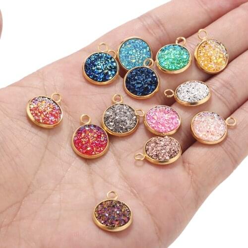 Wholesale 10pcs 14mm Stainless Steel Gold Resin Druzy Quartz Charms Round Pendant Charm For Bracelet DIY Jewelry Making