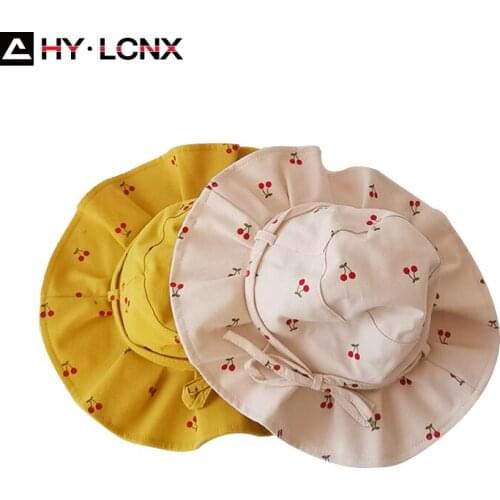 Spring Summer Child Cartoon Cherry Print Light Thin Fisherman Hat Girl Monochrome Ruffle Outdoor Sports Sun Big Brim Bucket Hat