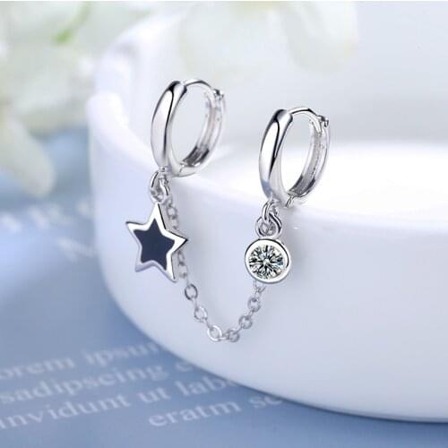 Womens Trendy Two Ear Hole Piercing Hoop Earrings Chain Tassel Black Pentagram Star Crystal Simple Boho Earring Jewelry Gifts