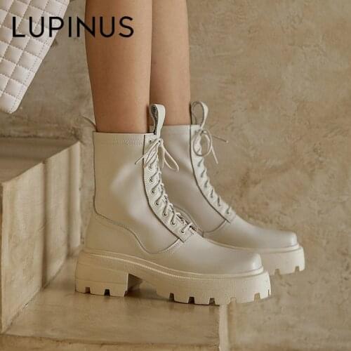 LUPINUS Chunky Heel Ankle Boots Women For Genuine Leather High Boots Lace-up Chelsea Boots 2020 Luxury Brand Boots Women Leather