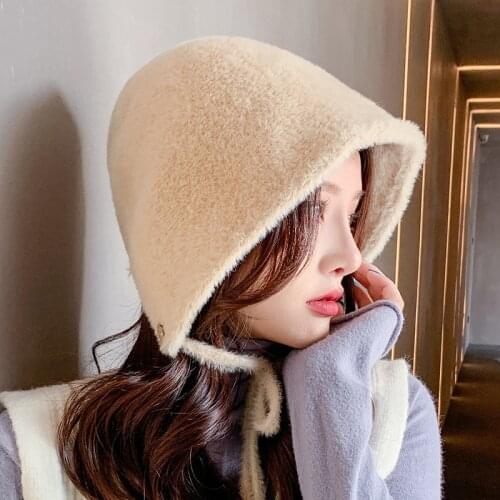 Sparsil Women Winter Beanies Hat Soft Warm Mink Cashmere Cap Men Solid Hooded Neck Collar Bucket Skullies With Drawstring Button