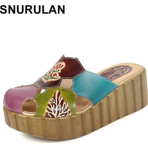 SNURULAN Platform Slides Shoes for Women Genuine Leather Cover Toes Floral Cut Out Female Wedges Slippers for2021Summer