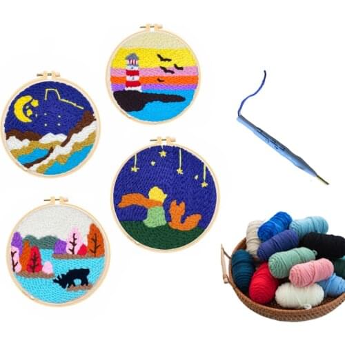 Moon DIY Magic Punch Needle Embroidery Kit with Hoop Needlework Wool Cross Stitch For Beginner Sewing Art Handicraft Home Decor