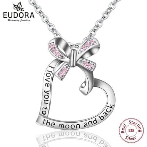 EUDORA Unique 925 Sterling Silver Pink CZ Bowknot Lettering Heart Pendant Necklaces Women Fine Jewelry For Cute Girl Gifts D325