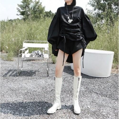 2020 New Female Niche Design Two-Wear Drawstring Lantern Puffy Stand-up Collar Mid-Length shirt in black and white