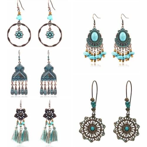 Antique Boho Tassel Drop Earrings For Women Retro Ethnic Geometric Flower Carved Blue Stone Beaded Earring India Jhumka Jewelry