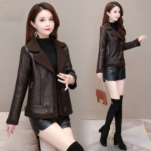 Women 2021 Winter Coats Thick Faux Leather Plus Velvet Coat Female Fake Fur Collar Jacket Short Jackets Casaco Feminino Y529