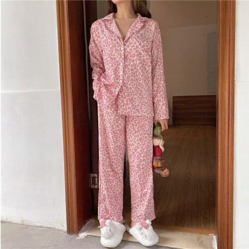 Leopard Print Spring Home Suit Women Single Breasted Shirts + Long Pants Set Kawaii Vintage Sleepwear Home Clothes Korean