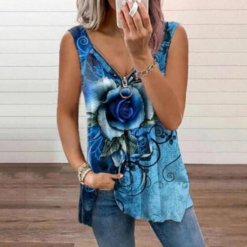 2021 Summer V-neck Zipper Rose Printing Sleeveless Tops Women Casual Loose Tank Top Ladies T-shirt Plus Size Sexy Vest Top