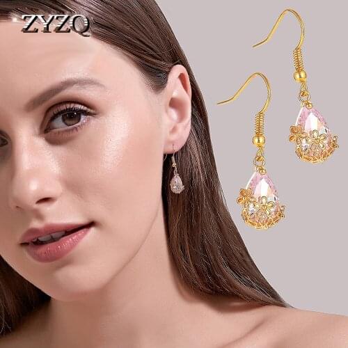 ZYZQ Ethnic Style Hollow Crystal Flower Earrings Personality Shiny Water Drop Earrings Cocktail Accessories