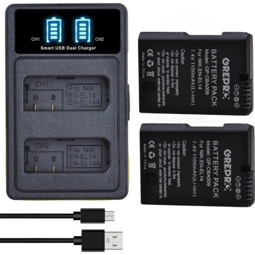 1100mAh EN-EL14a EN-EL14 Battery + Type-C Charger for Nikon EN EL14 EL14a Battery D5200 D3100 D3200 D5100 P7000 P7100 MH-24