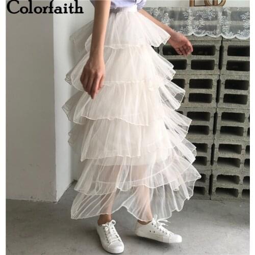 Colorfaith New 2019 Women Long Skirt Vintage Mesh High Waist Ball Gown layered Skirts Pleated Tutu Skirt Ladies Elegant SK311