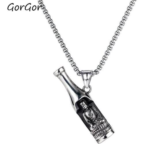GorGor Necklace Men Stainless Steel Pattern Buddha Statue Wine Bottle Pendant Vintage Individuality Hipster Accessories TX-1811
