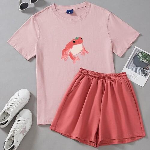 Kawaii Frog Harajuku Two Piece Suit Cotton Short Sleepwear Summer Blank Pajama Shirt Casual Loose Korean Style Chic Pajamas Set