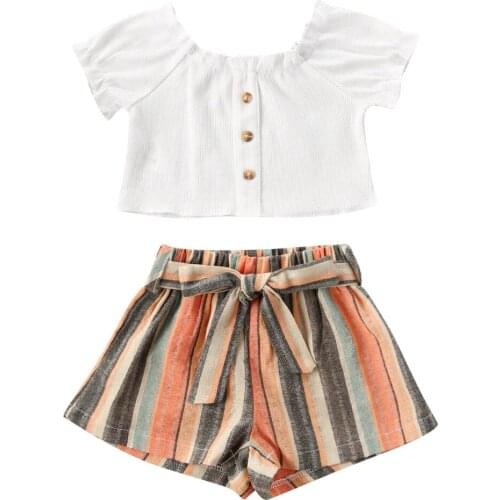 Baby Girls 2Pcs Set Fashion Boat Neck Short-sleeved Top Loose Stretch Waist Lace up Stripe Shorts