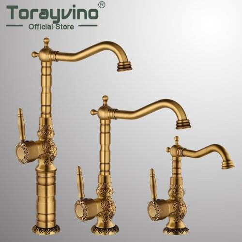 Bathroom Faucet Antique Brass Deck Mounted Basin Water Faucet With Single Handle One Hot And Cold Water Carved Bathroom Faucets