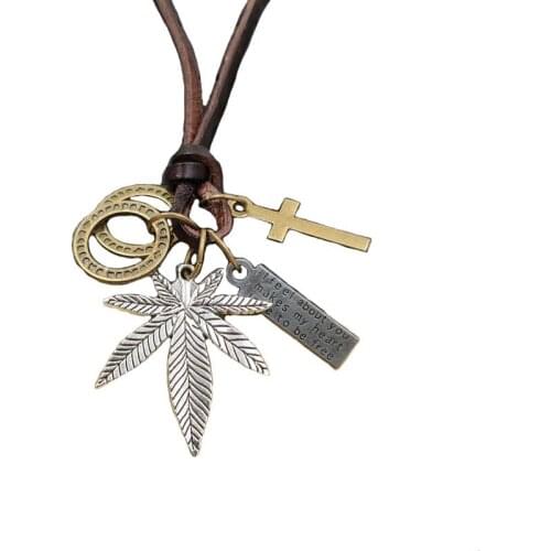 Fashion Necklace Retro Cowhide rope Genuine Punk Leather Leaf Wing Feather Bronze Cross Loop Letter Tag Mens Gift AC043-052