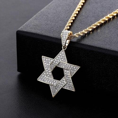 Hip Hop Men Gold Color Plated Jewelry Micro Pave Iced Out CZ Stone Star Of David Pendant Necklaces With Rope Chain