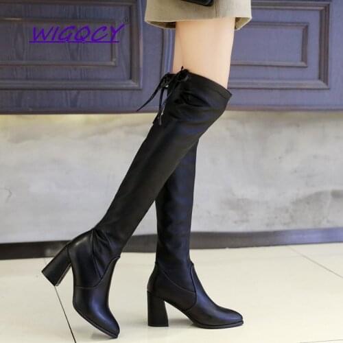 Soft Leather Over The Knee Boots Women High Heels Winter Boots Fashion Riband Black Women Boots Pointed Square Heel Female Shoes
