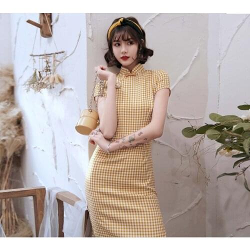 2020 New Fashion Cheongsam Short Dress Women Cotton Slim Vintage Qipao Checkered Dress Party Dresses
