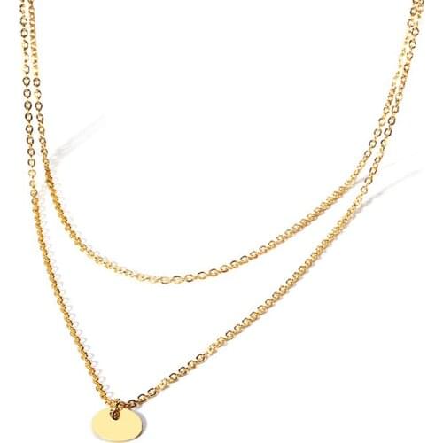 Free Engraving Inital Disc Necklace Gold Small Disc Double Layered Necklace in Stainless Steel Elegant and Dainty