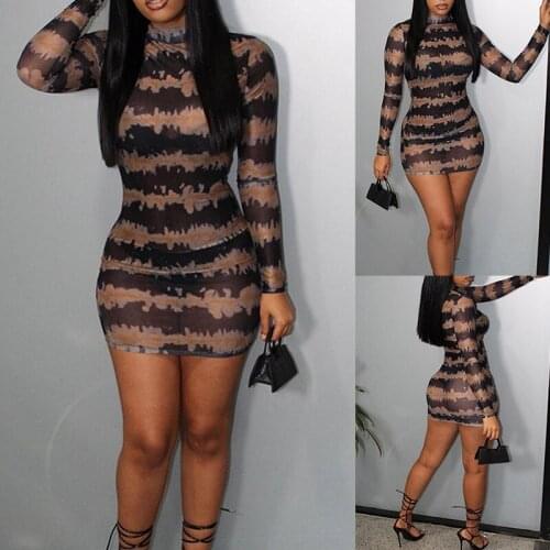 Sexy Mesh Transparent Mini Dress Women Long Sleeve Striped Sheer Clubwear Night Party Fashion Dresses Slim