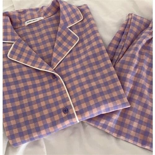 CAIYIER Korean Purple Grid Girls Pajamas Set Cute Winter Long Sleeve Leisure Sleepwear For Women Loose Nightwear Homewear Suit