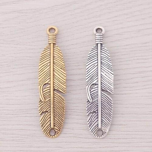 20 x Tibetan Silver/Gold Curved Feather Connector Charms Pendants for Bracelet Jewelry Making Accessories 46x11mm