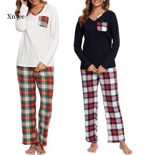 Casual Women Plaid Printing Pajama Pants Set Female t Shirt Pants Suit Women Two Piece Sets Tracksuit Sweatsuit Women Sleepwear