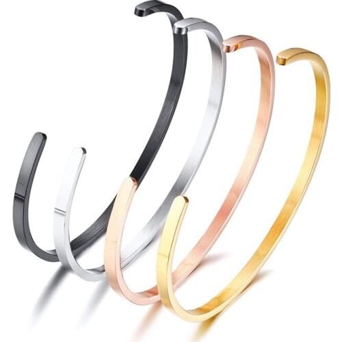 Simple Womens Stainless Steel Bracelet 3mm 5mm High Polished Cuff Bangle Black / Gold / Silver Color Jewelry