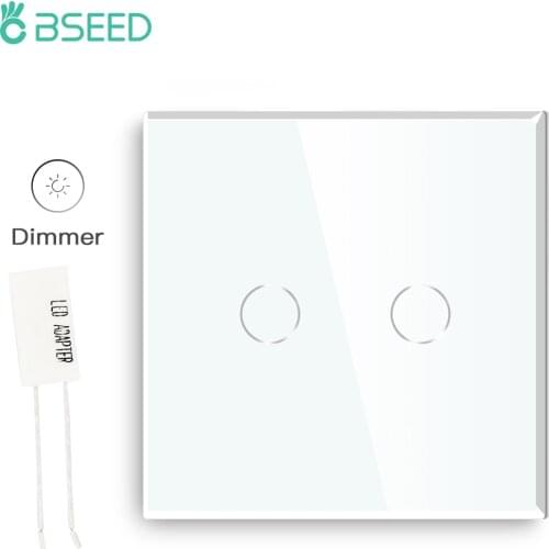 BSEED Touch Switch Dimmer Wall Light Switch 2Gang1Way LED Touch Dimmer Crystal Glass Panel With Blue Backlight EU Standard