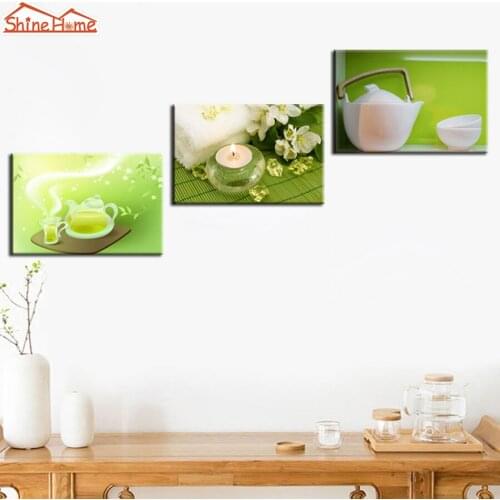ShineHome-3pcs Canvas Prints Green Wall Painting Modular Picture Spa Nail Body Salon Massage Yoga Bottle Pot Artwork on Wall Art