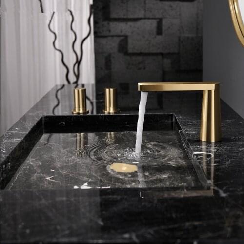 Basin Sink Faucets Brushed Gold Bathroom Mixer Tap Soild Brass Luxury Lavatory Mixer Taps Hot & Cold Deck Mounted Widespread