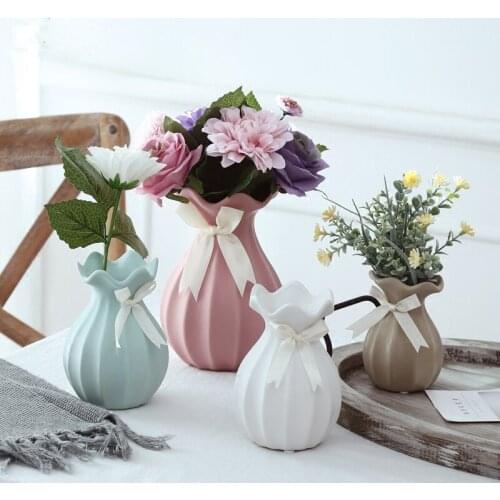 Modern Fashion Ceramic Vase White Pink Blue Grey Containing ribbons tabletop small vases home Wedding Decoration Handicrafts