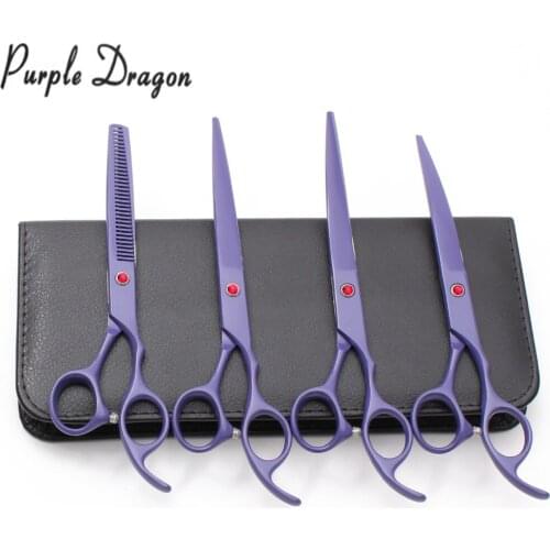 Z3103 4Pcs 7Inch Purple Dragon JP 440C Animal Grooming Shears Cutting+Thinning+Up&Down Curved Shears Professional Pets Scissors