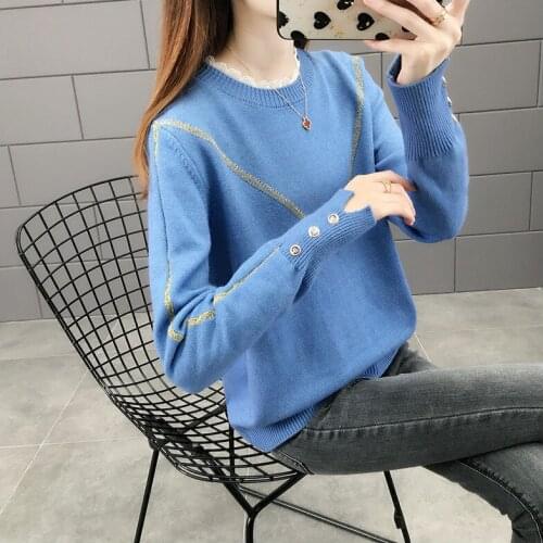 New Autumn Knitted Sweater Female Long-Sleeve Button Stripe Pull Femme Fashion Loose Bottoming Pullover Jumpers Women Tops A476
