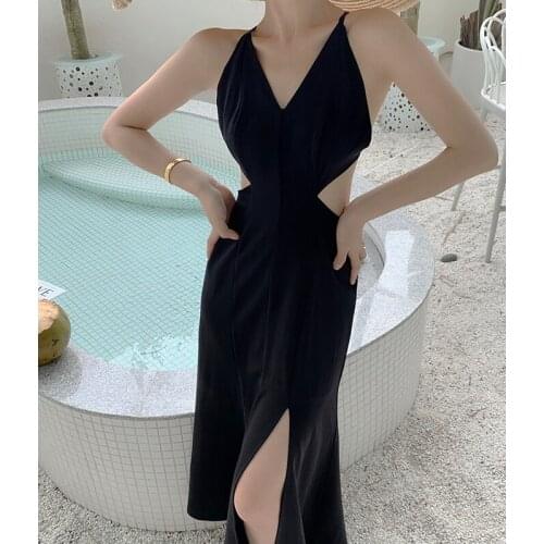 2021 black Slit Strap Dress Women Temperament V Neck Backless Summer Party banquet Sleeveless Sexy long Dresses Vestidos