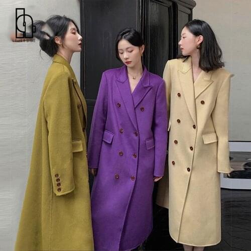 Luck A Autumn Winter Simple Women Solid Woolen Coats Female Double Breasted Vintage Blazer Long Coats Lady Fashion Outerwears