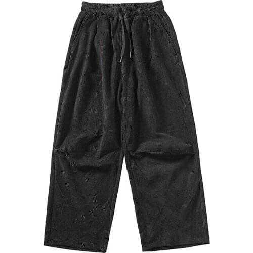 Corduroy Pants Men Japan Style Spliced Solid Color Elastic Drawstring Waist Straight Loose Casual Trousers Male Four Seasons
