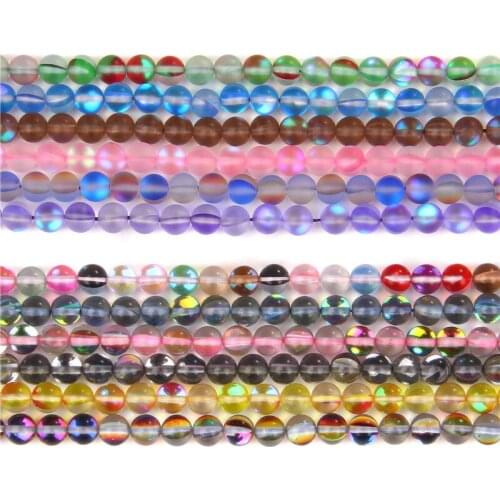 6 8 10mm Multicolour Austria Crystal Glitter Moonstone Beads Smooth Mattee Round Glass Moon Stone Beads for Jewelry Making 15"