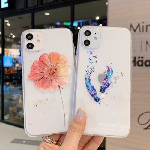 Ottwn Feather Butterfly Flower Pattern Phone Case For iPhone 12 Pro Max 11 Pro Max X XR XS Max 7 8 Plus Soft Clear Silicon Cover