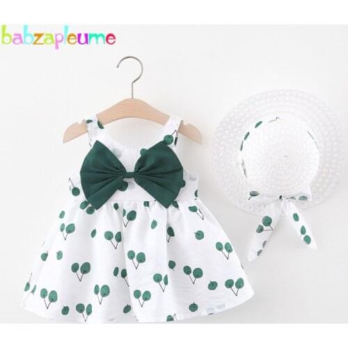 Summer Korean Newborn Clothes Set Baby Beach Dresses Cute Big Bow Print Cherry Sleeveless Cotton Toddler Dress+Sunhat BC2063-1