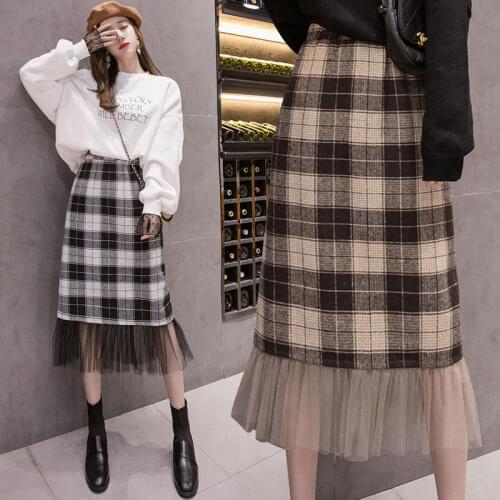 Elastic High Waist Plaid Woolen Skirt Womens Autumn and Winter Stitching Mesh Ruffled A-line Slim Skirt Midi Female Saias K1064