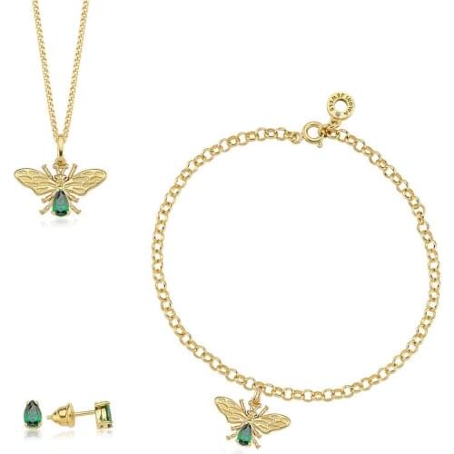 Valori Jewels Lucky Bee, Zirconia Green Gemstone, Gold Plated, Sterling Silver Trio Set