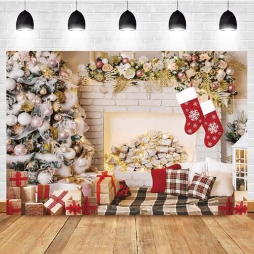 Laeacco Christmas Tree Indoor Fireplace Gift Baby Birthday Portrait Backdrop Photographic Photo Background For Photo Studio