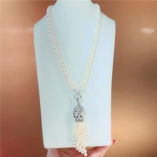 Hot sell natural 8-9mm white freshwater pearl necklace zircon leopard accessories tassel sweater chain fashion jewelry 60+12cm