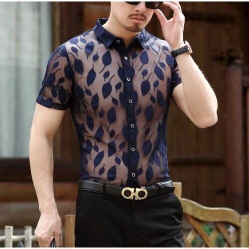 Mens See Summer Through Silk Men Fashion Thin Soft Short Sleeve Transparent Velvet Floral Shirts Black Blue S-2XL