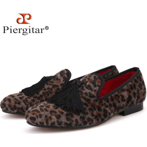 Piergitar 2018 new Leopard style large tassel mens loafers party and wedding men casual shoes plus size male smoking slippers
