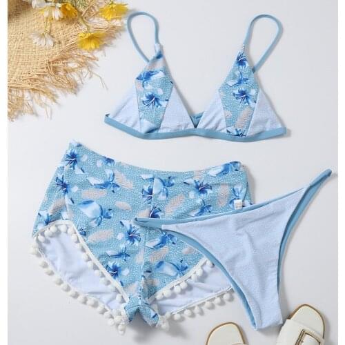 Sexy Triangle Push Up Bikinis Women Swimwear Padded Bikini Set Three Piece Swimsuit with Shorts Pompon Tassel Beach Bathing Suit